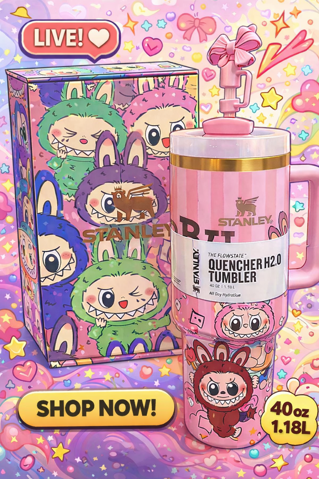 Stanley X Labubu 40oz Quencher H2.0 Tumbler – Pink | Official Limited Edition Collaboration
