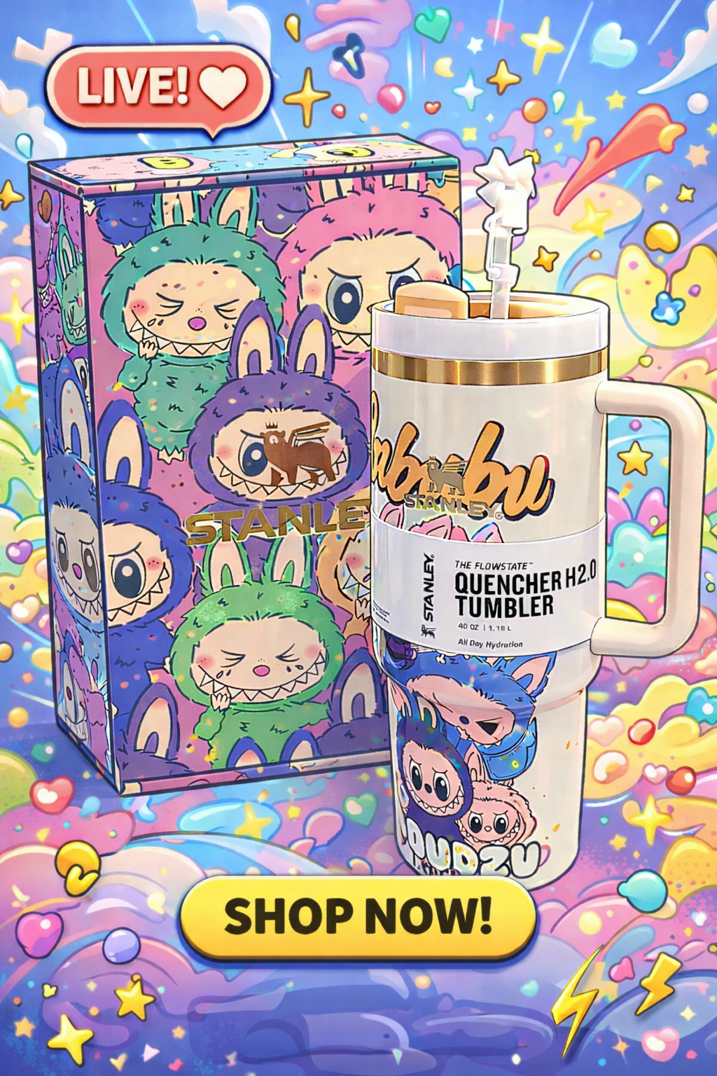 Stanley X Labubu 40oz Quencher H2.0 Tumbler – White | Official Limited Edition