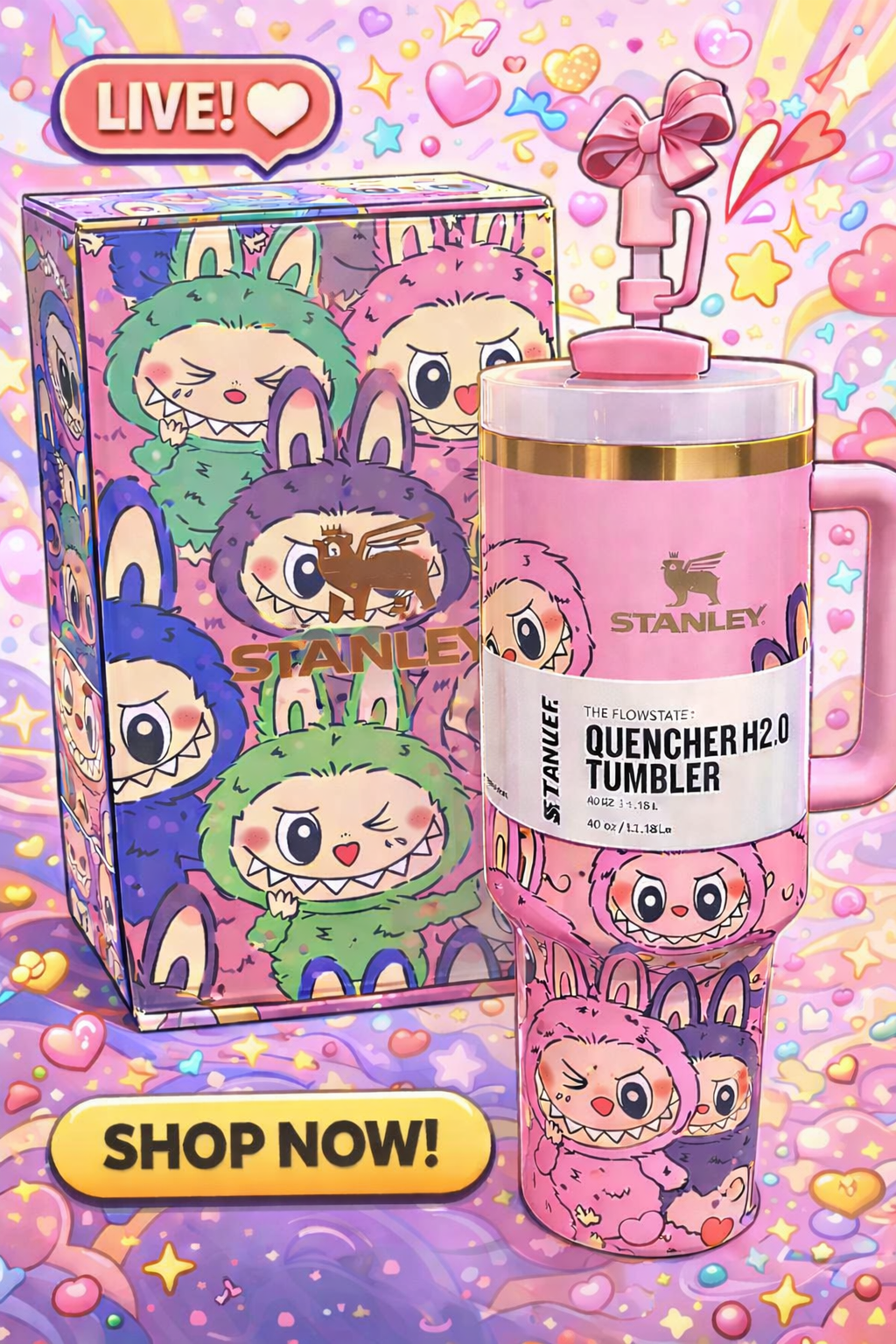 Stanley X Labubu 40oz Quencher H2.0 Tumbler – Purple | Official Limited Edition Collaboration